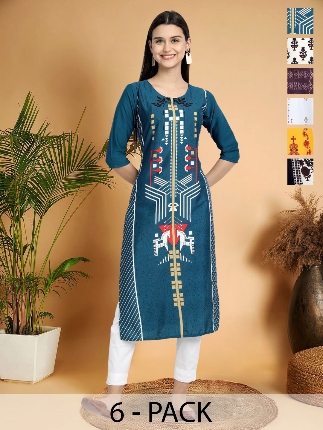 

7Threads Selection Of 5 Geometric Printed Round Neck Straight Kurtas, Blue