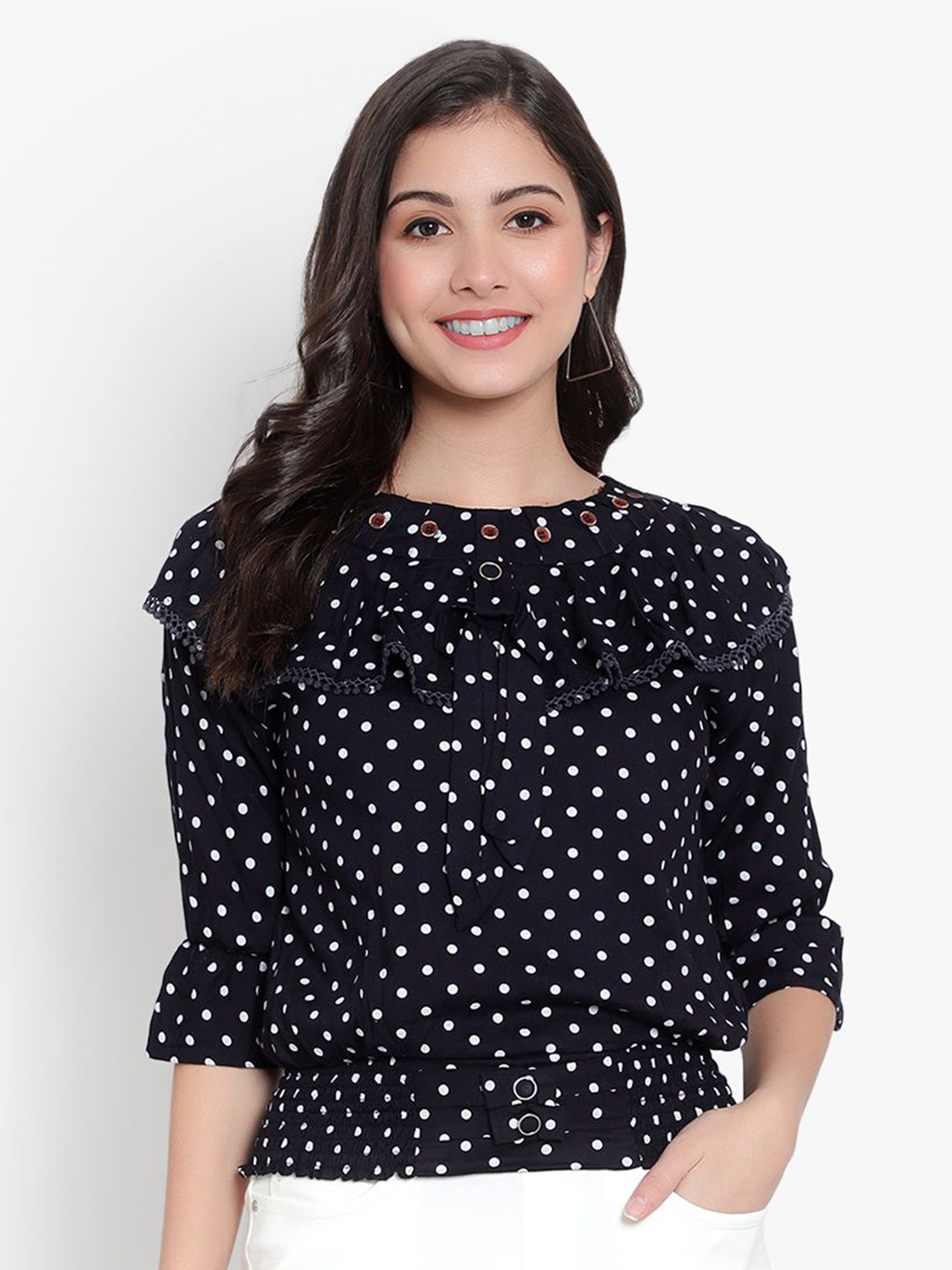 

Moda Rapido Women Polka Dot Printed Georgette Blouson Top, Navy blue