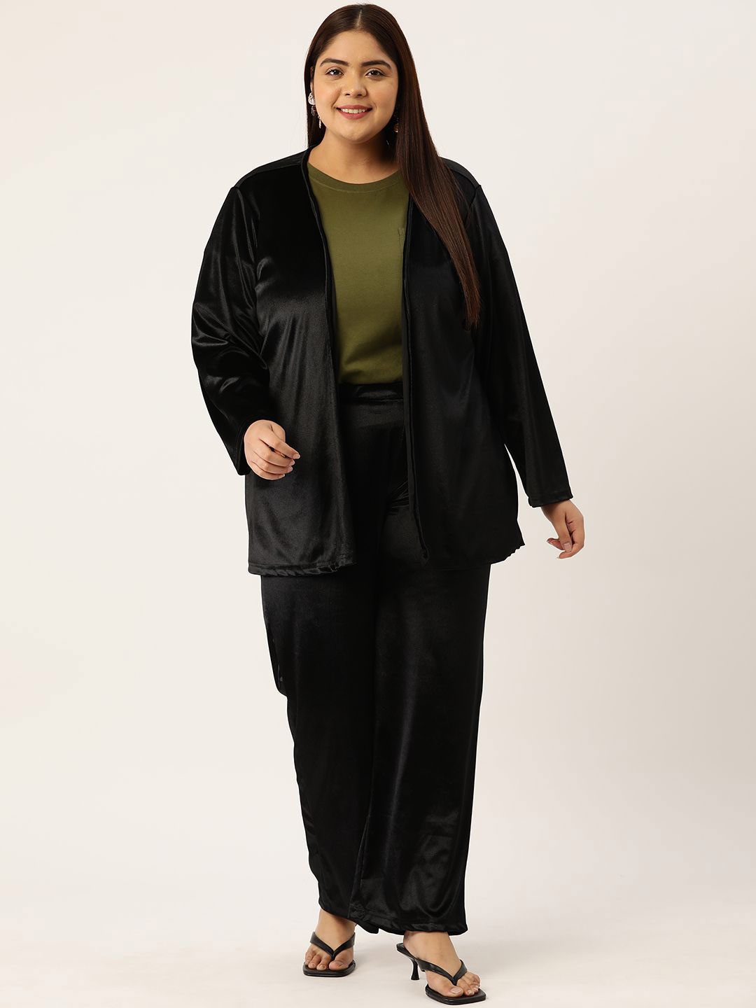 

theRebelinme Plus Size Long Sleeves Front Open Velvet Shrug With Trouser, Black