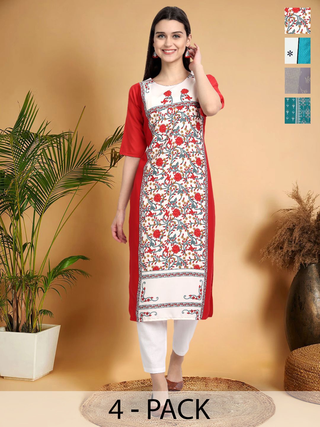 

7Threads Selection Of 4 Floral Printed Round Neck Straight Kurtas, Red