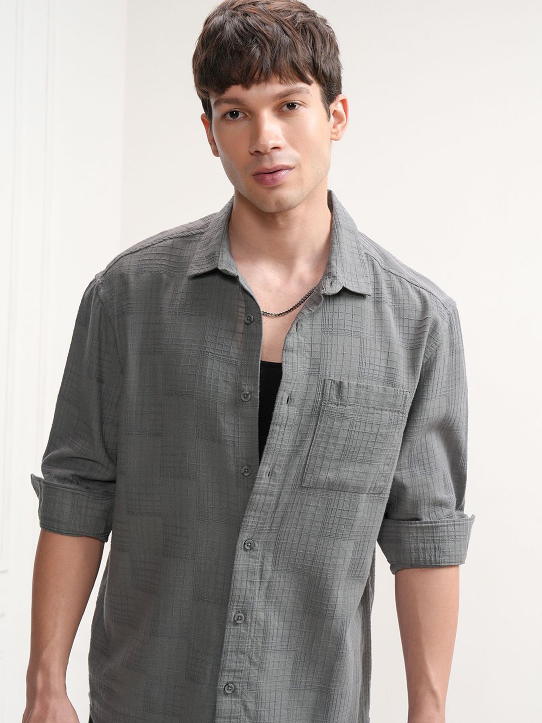 

HIGHLANDER Men Spread Collar Textured Cotton Casual Shirt, Grey