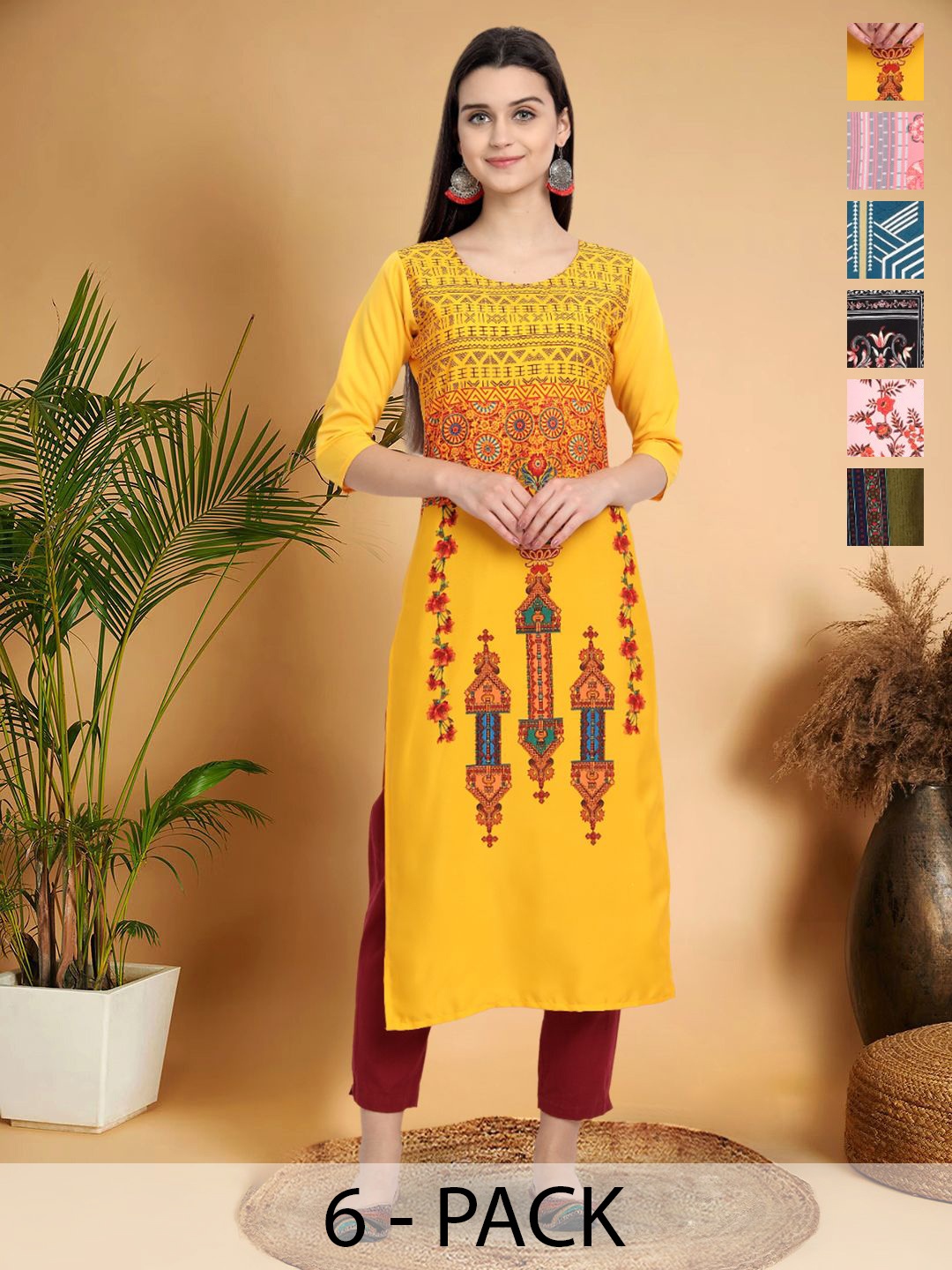 

7Threads Selection Of 6 Ethnic Motifs Printed Round Neck Kurtas, Yellow