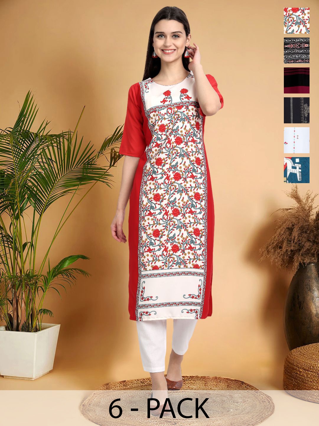 

7Threads Selection Of 6 Floral Printed Round Neck Straight Kurtas, Red