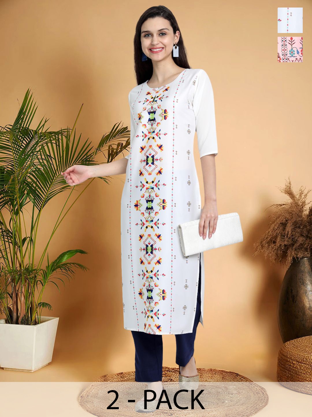 

7Threads Selection Of 2 Ethnic Motifs Printed Round Neck Kurtas, White