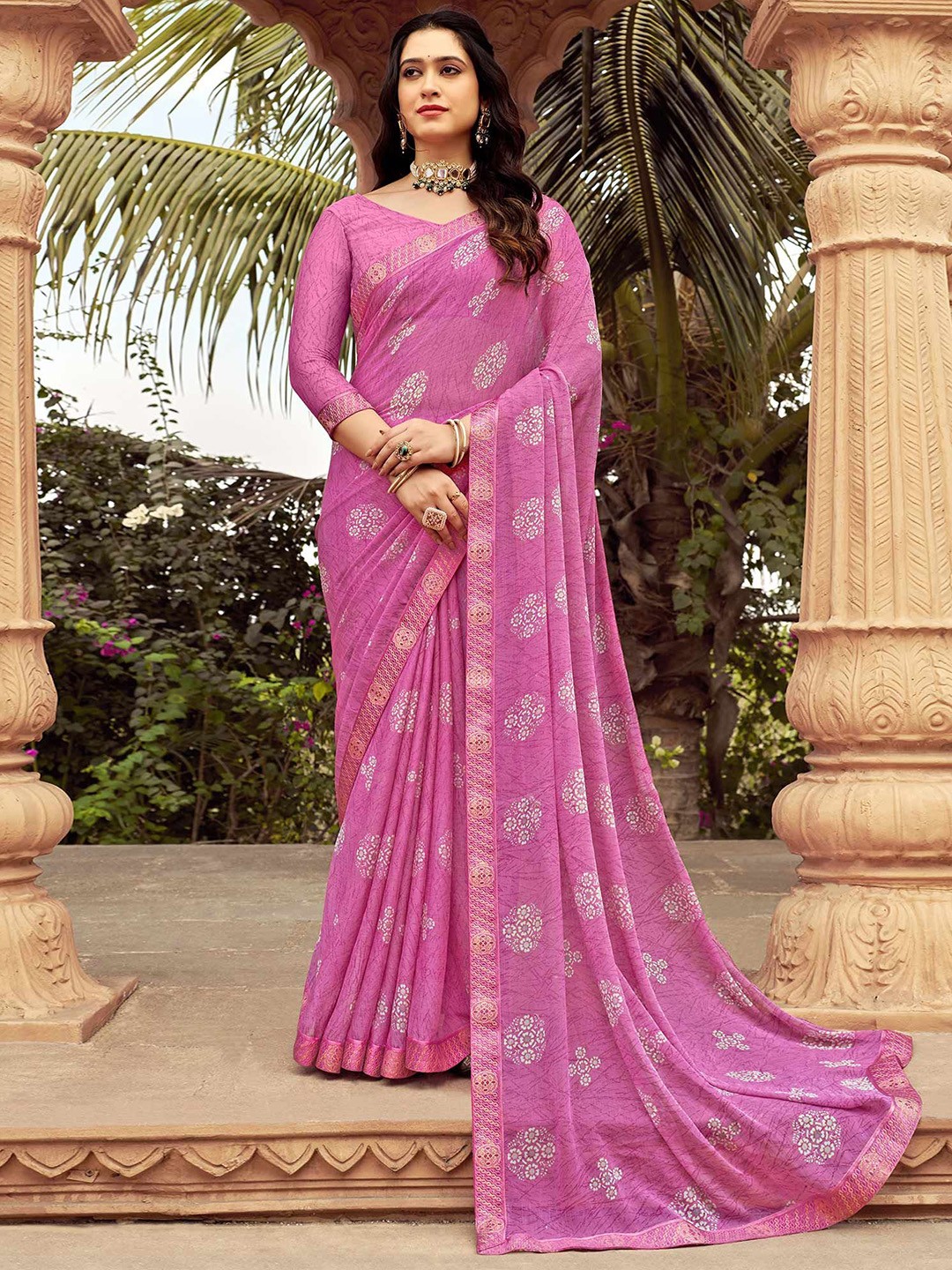 

Peachmode Floral Printed Pure Chiffon Saree, Purple