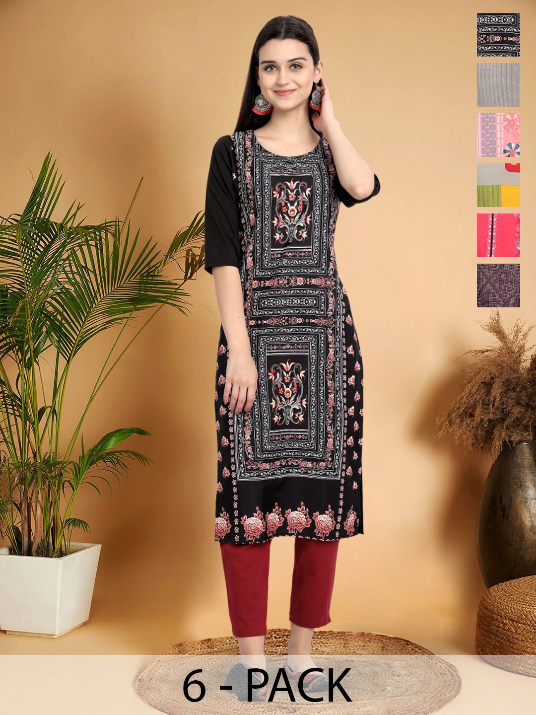 

7Threads Selection Of 6 Floral Printed Round Neck Straight Kurtas, Black