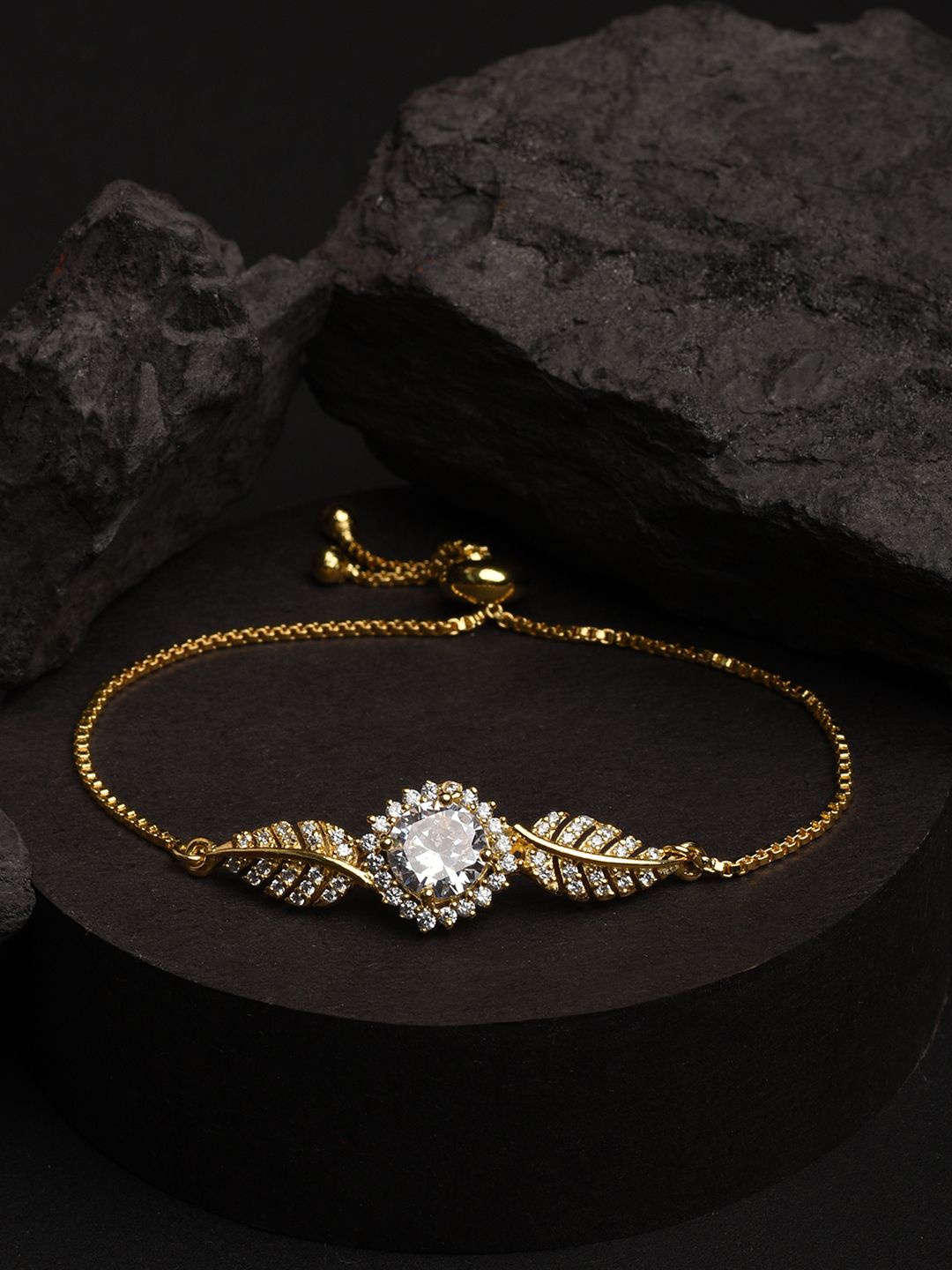 

XPNSV Gold-Plated American Diamond Studded Crystal Leaf Charm Bracelet
