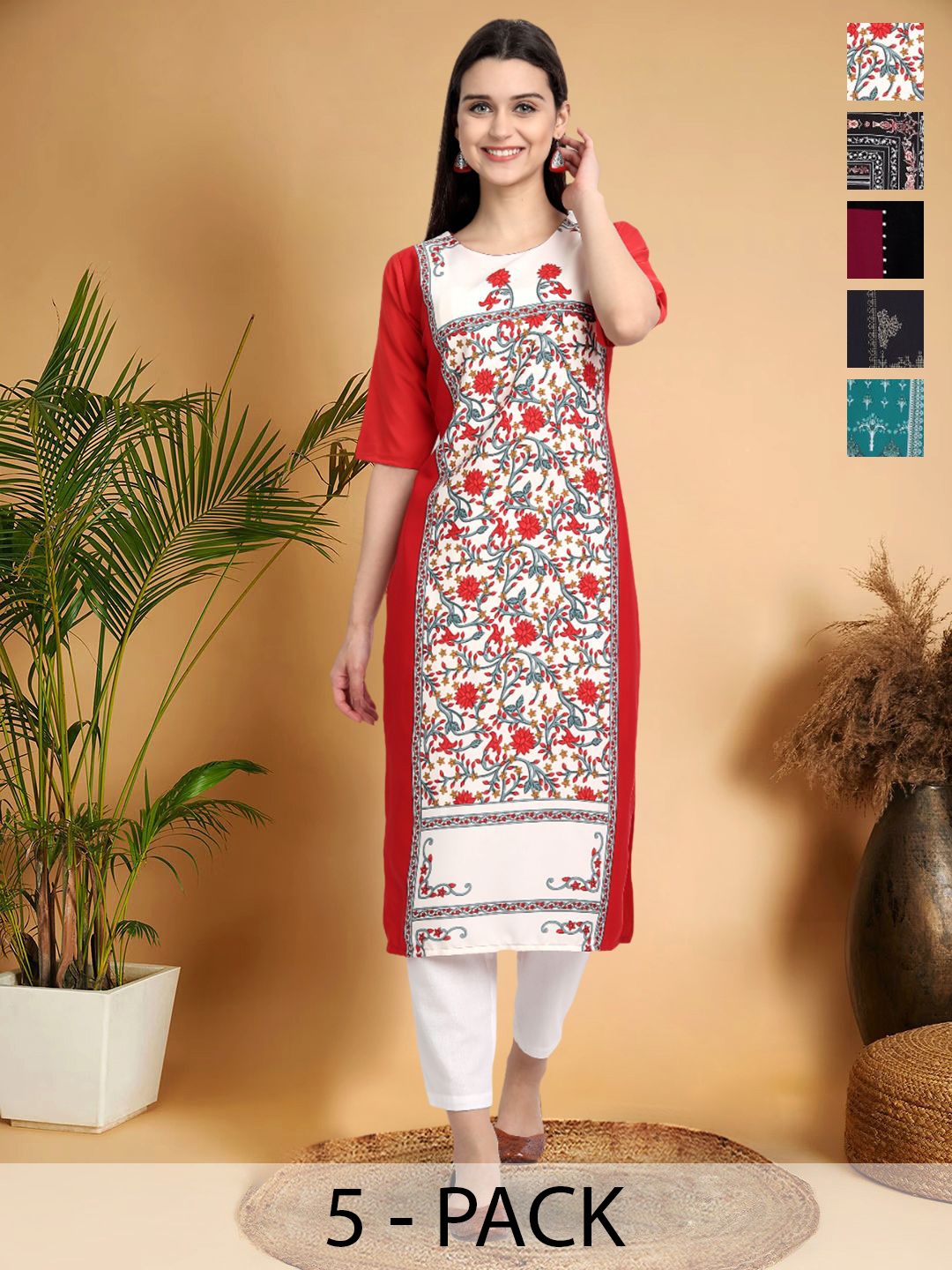 

7Threads Selection Of 5 Ethnic Motifs Printed Round Neck Kurtas, Red