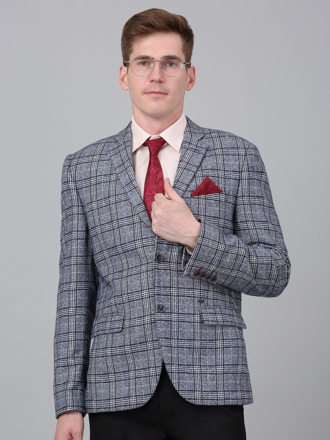 

Cantabil Checked Notched Lapel Single Breasted Blazer, Grey