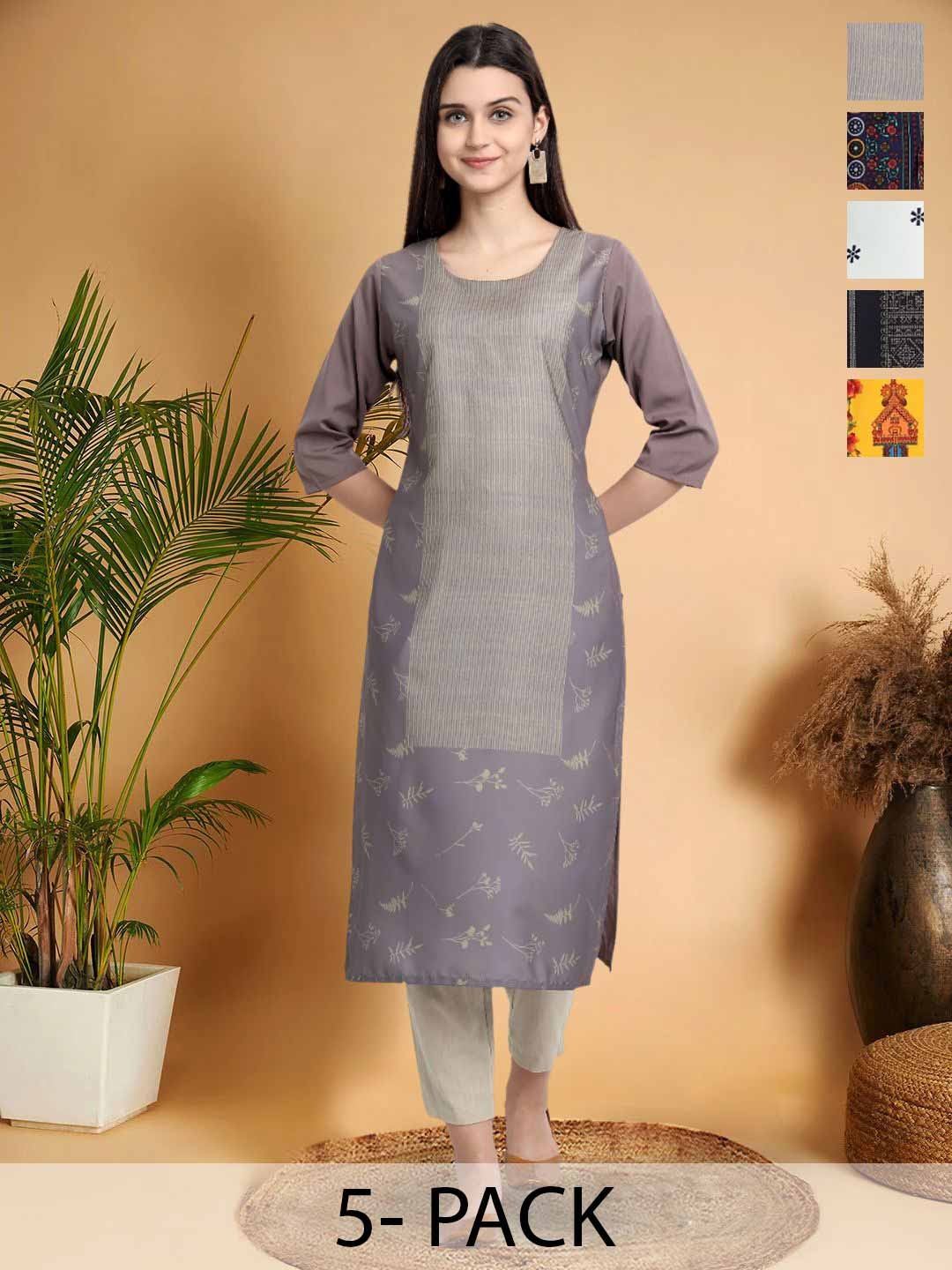 

7Threads Selection Of 5 Floral Printed Round Neck Straight Kurtas, Purple