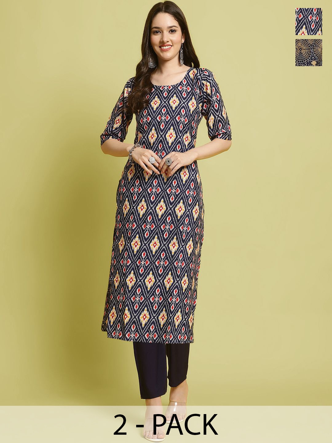 

7Threads Selection Of 2 Ethnic Motifs Printed Round Neck Straight Kurta With Trousers, Blue