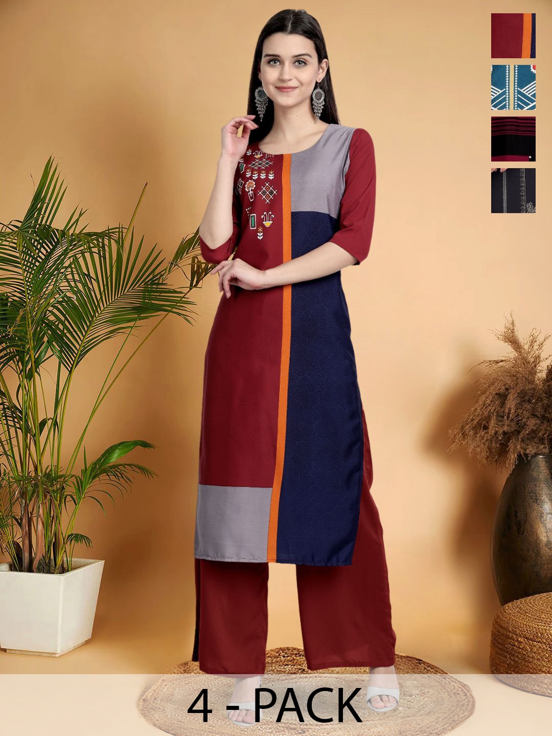 

7Threads Selection Of 4 Colorblocked Printed Round Neck Straight Kurtas, Red
