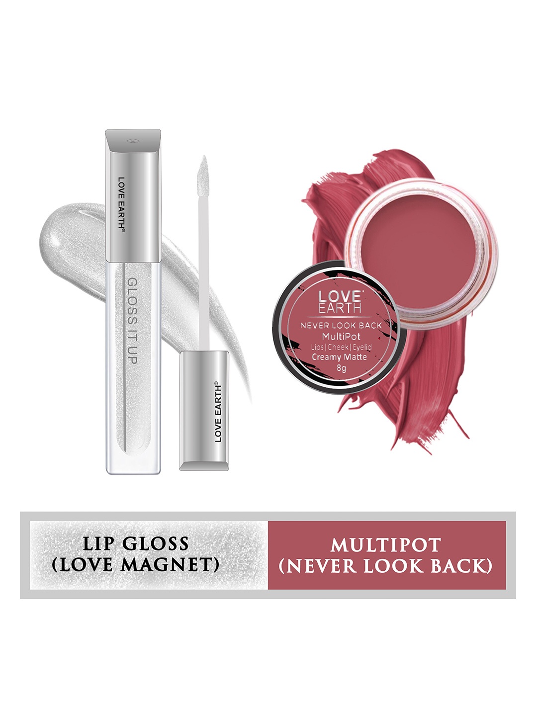 

LOVE EARTH Set of Never Look Back Multipot 8g + Gloss It Up Lip Gloss 3ml, Pink