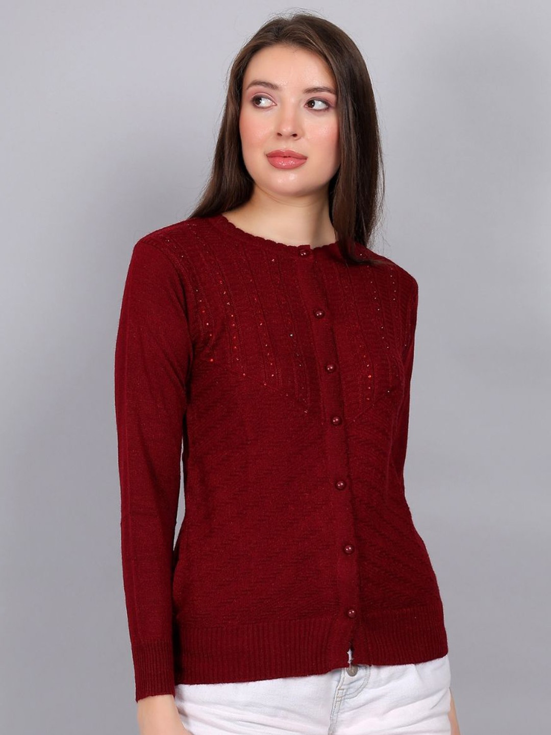 

YOUTH ROBE Women Woollen Cardigan, Maroon