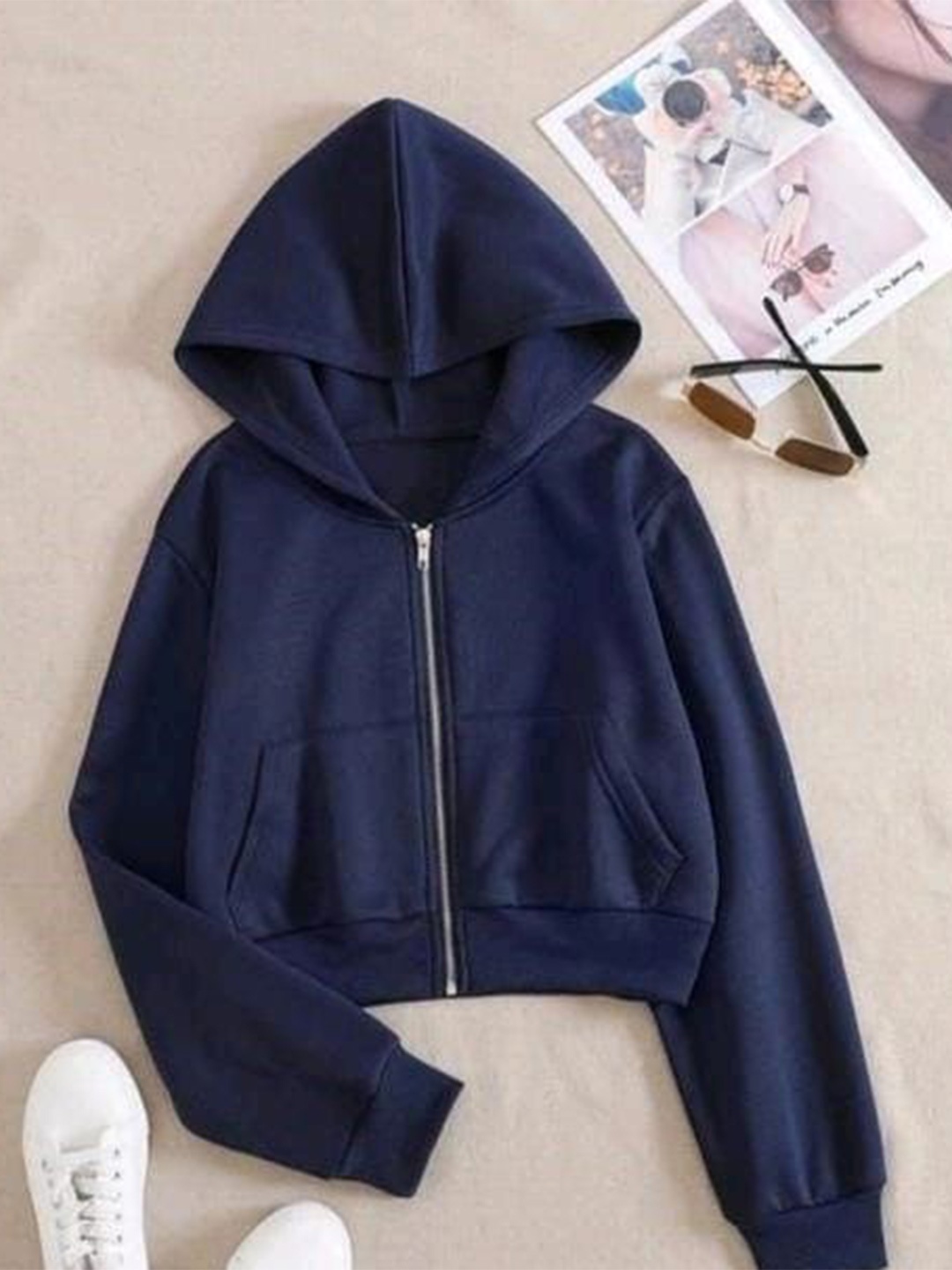 

SHAHVEER CREATION Women Hooded Crop Sweatshirt, Navy blue