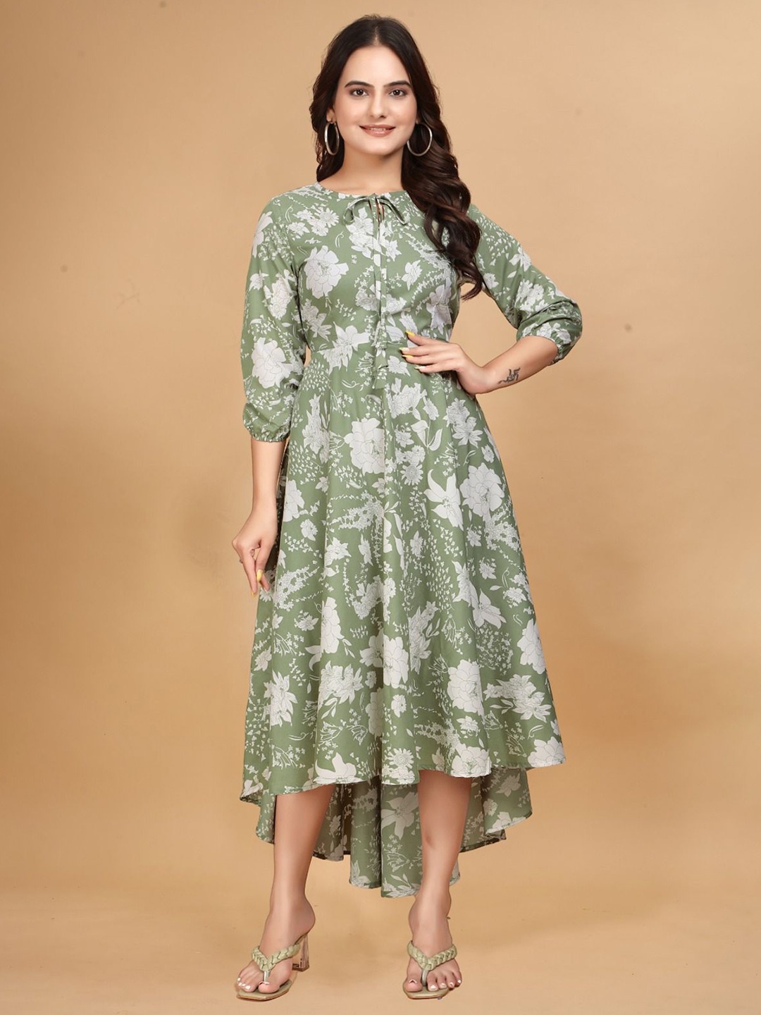 

BAESD Floral Printed Tie-Up Neck Bishop Sleeves Fit & Flare Midi Dress, Green