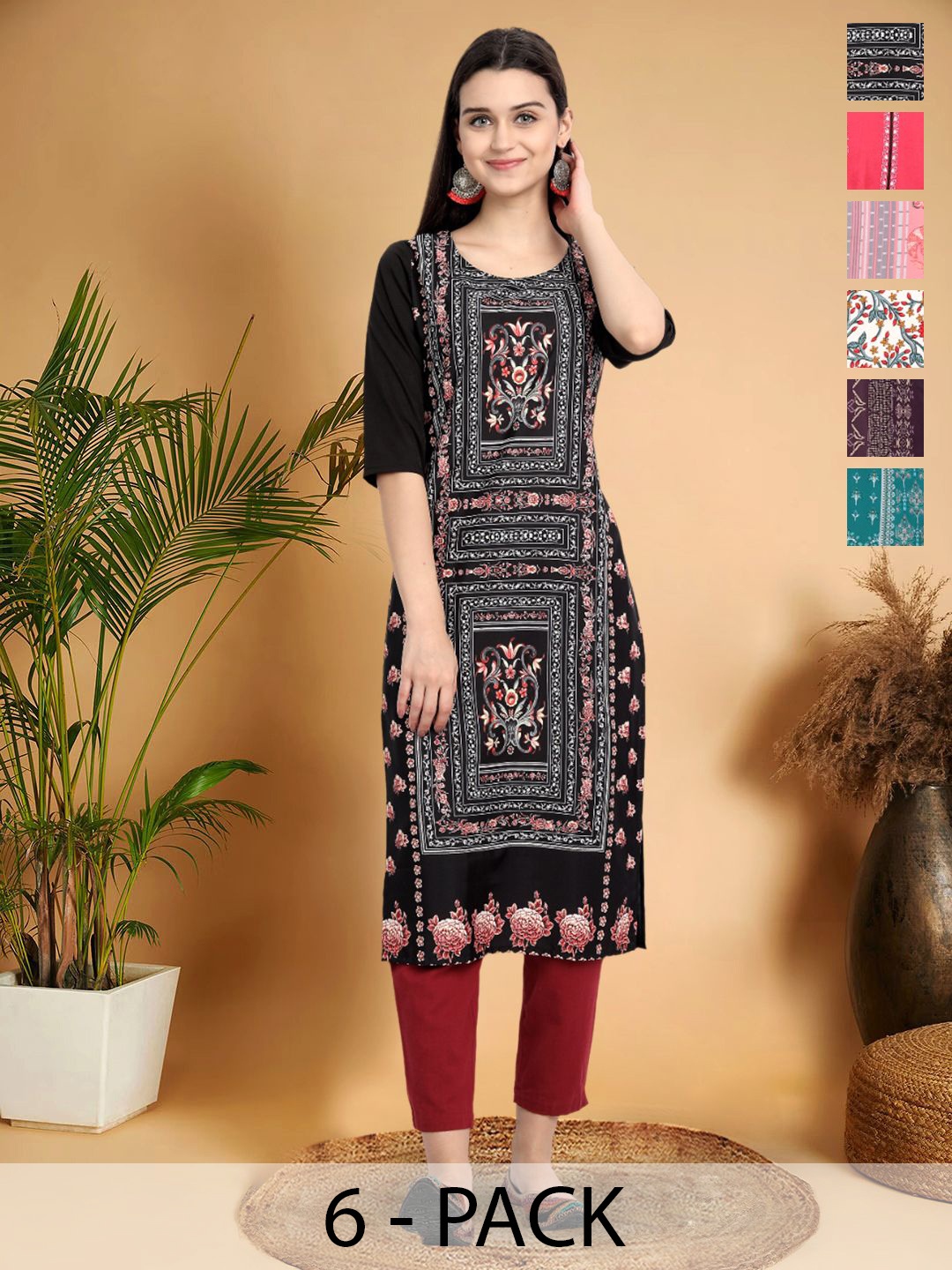 

7Threads Selection Of 6 Ethnic Motifs Printed Round Neck Straight Kurtas, Black