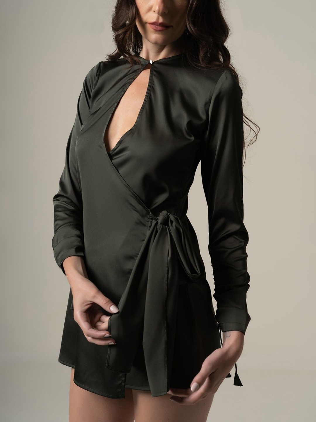 

CHALSI & CYRUS Satin Shirt Mini Dress, Olive