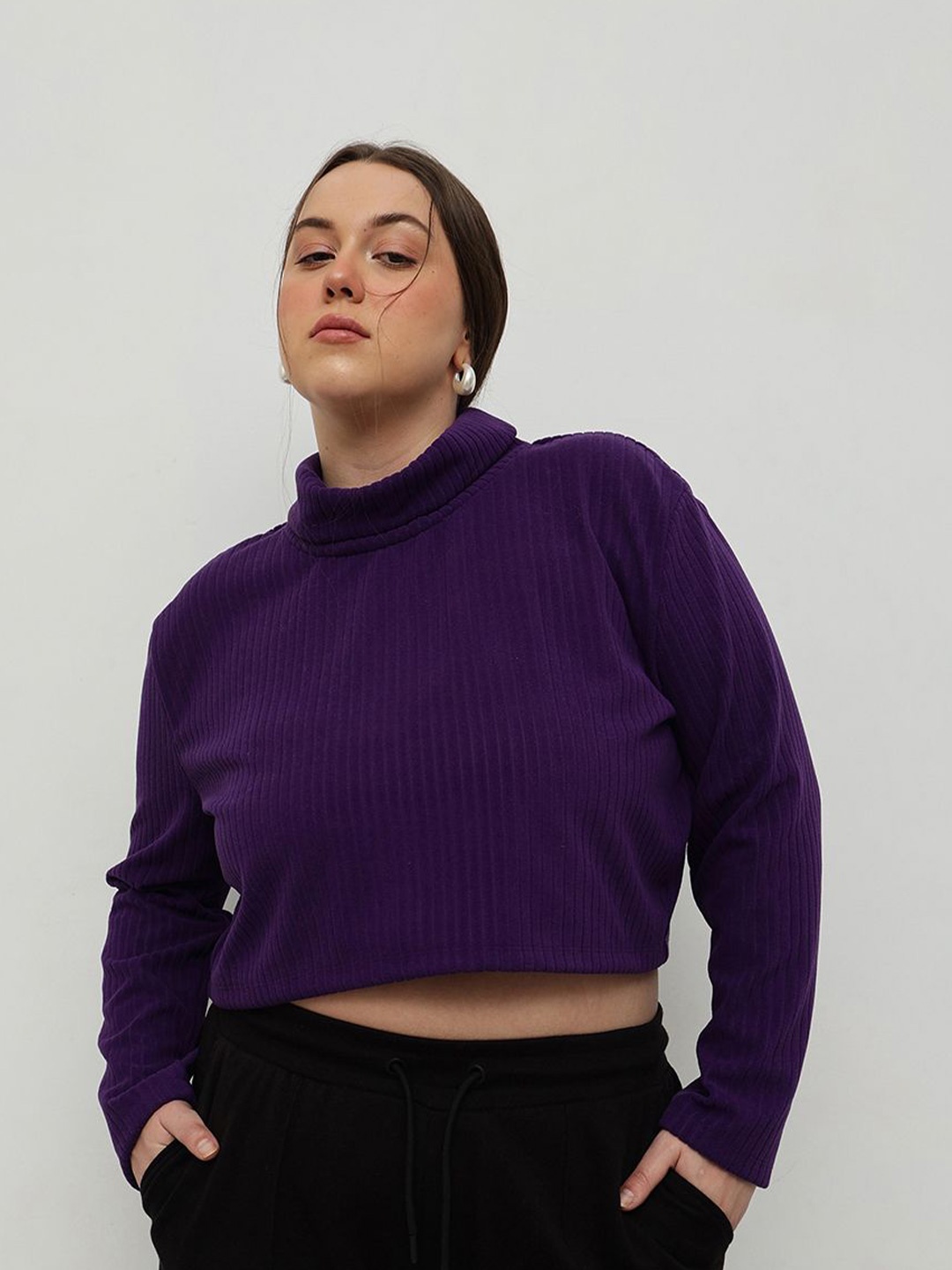 

CURVY STREET Women High Neck Plus Size Boxy Top, Purple