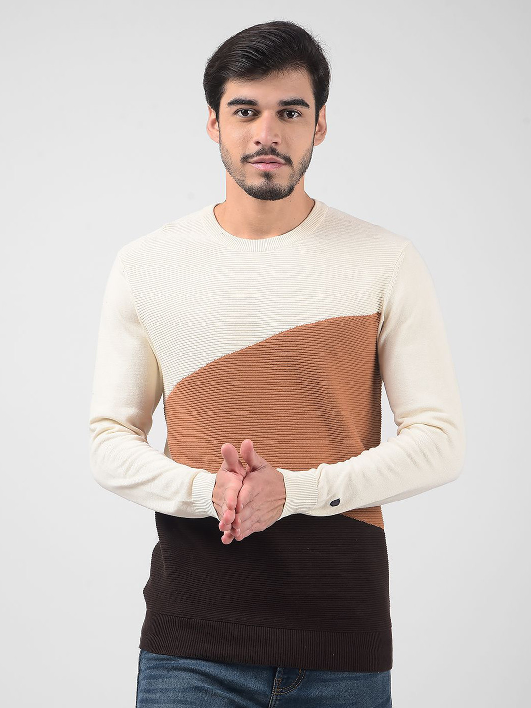

Numero Uno Men Cotton Round Neck Colourblocked Pullover, Brown