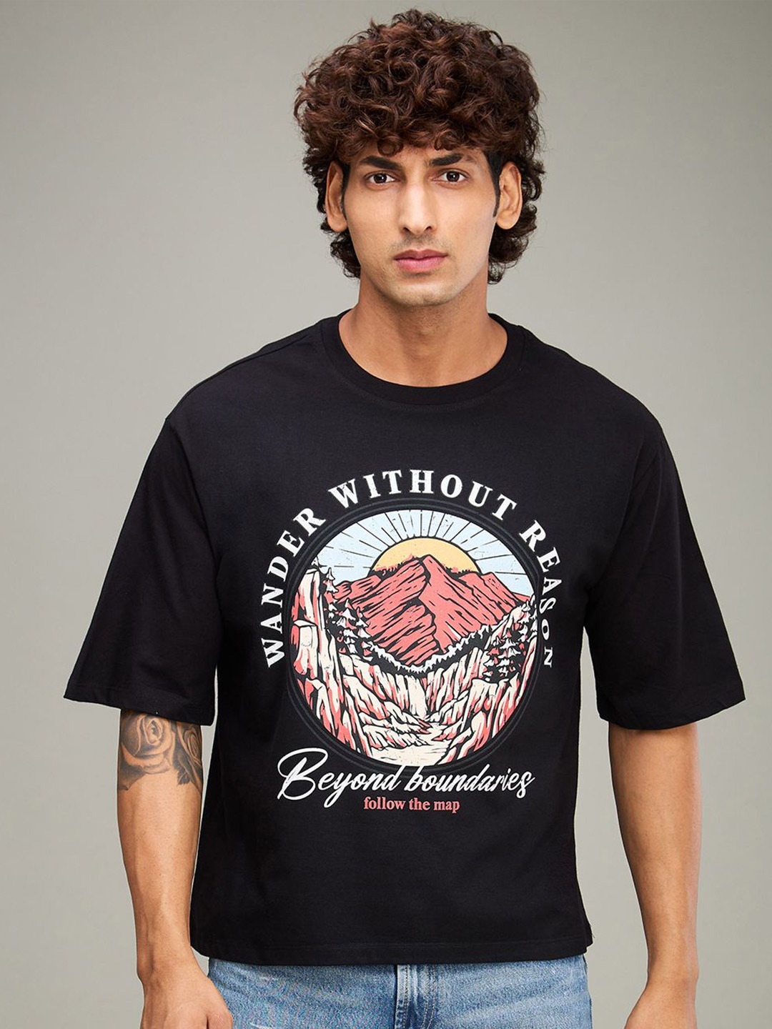 

The Roadster Lifestyle Co. Men Graphic Printed Round Neck Cotton T-shirt, Black