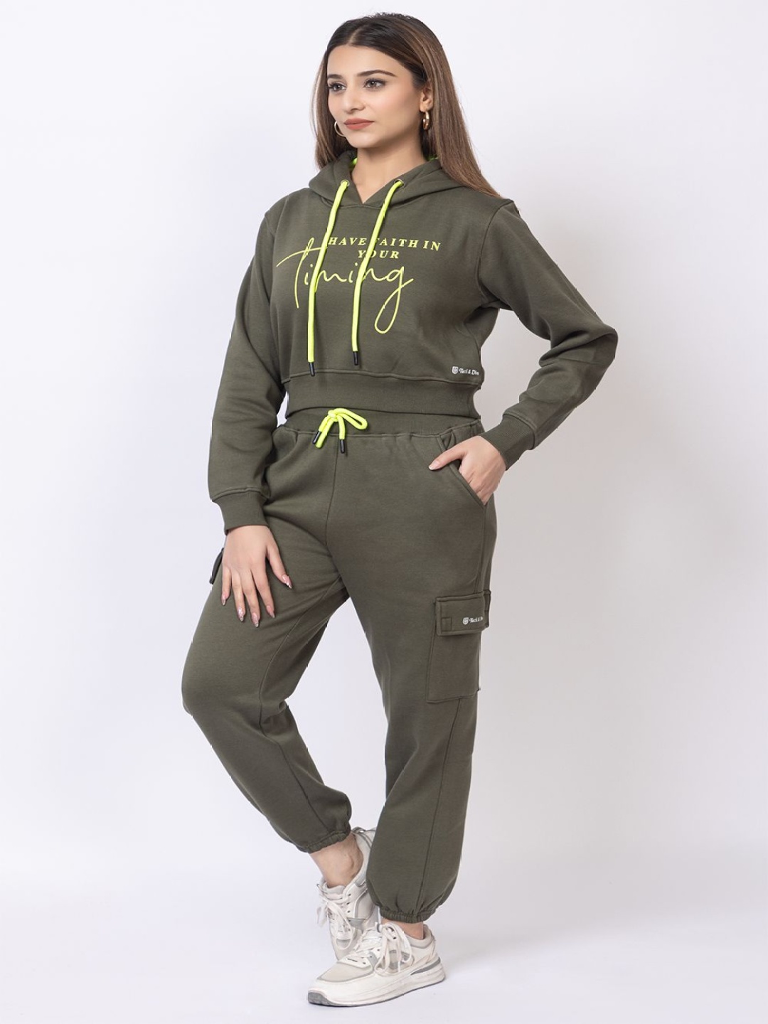 

Cheribell's Women Typography Printed Hooded Neck Tracksuit, Olive