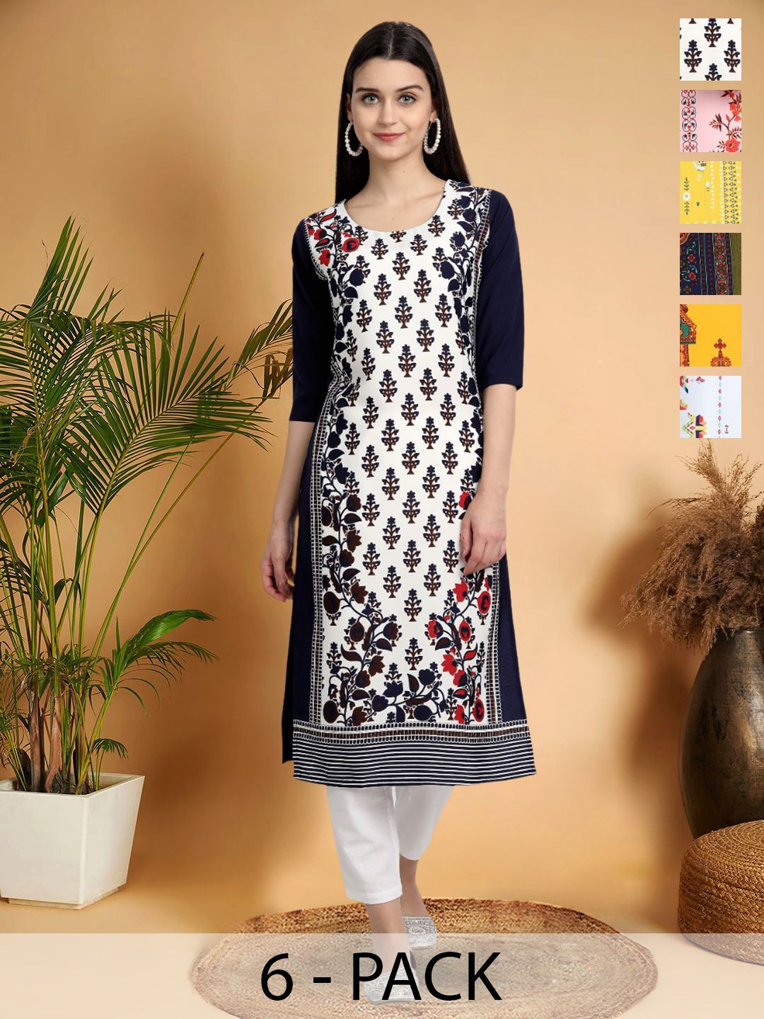 

7Threads Selection Of 6 Ethnic Motifs Printed Round Neck Straight Kurtas, Black