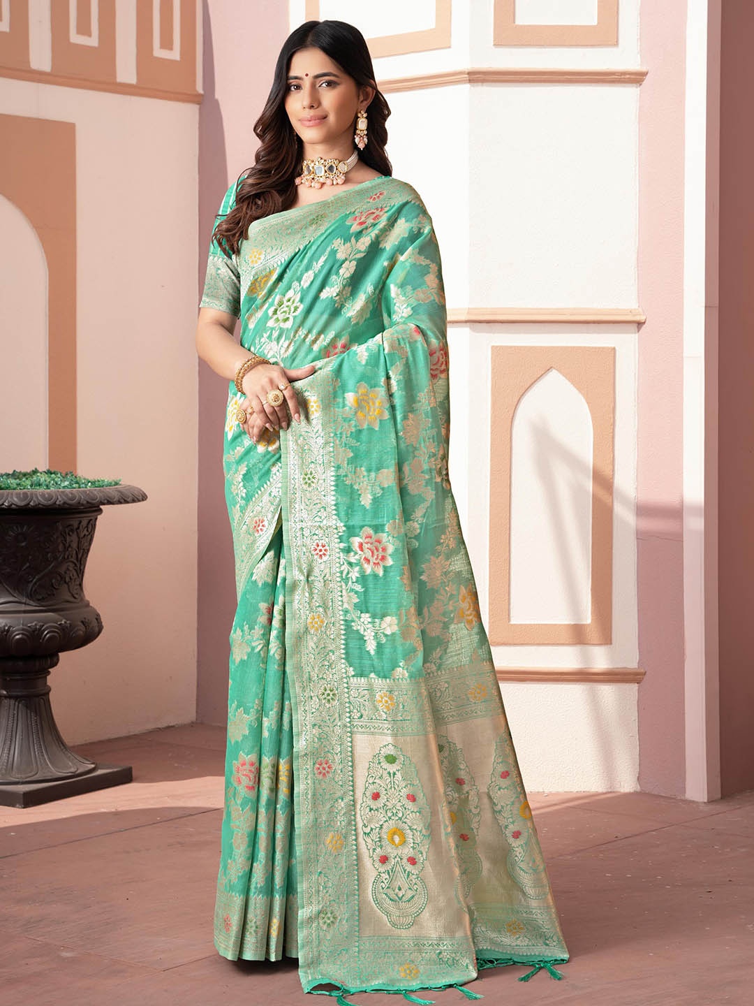 

ALAGINI Ethnic Motifs Zari Banarasi Saree, Sea green