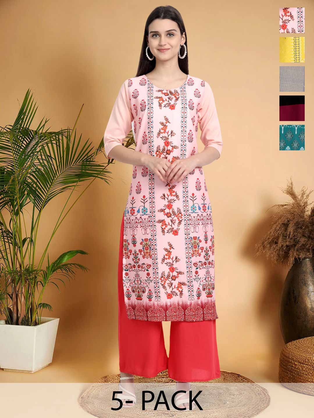 

7Threads Selection Of 5 Ethnic Motifs Printed Round Neck Straight Kurtas, Pink