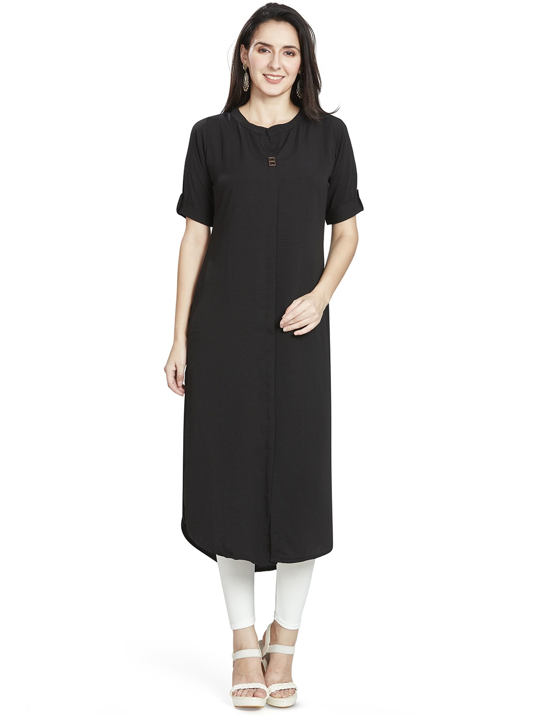 

Nioni Mandarin Collar Crepe Kurta, Black