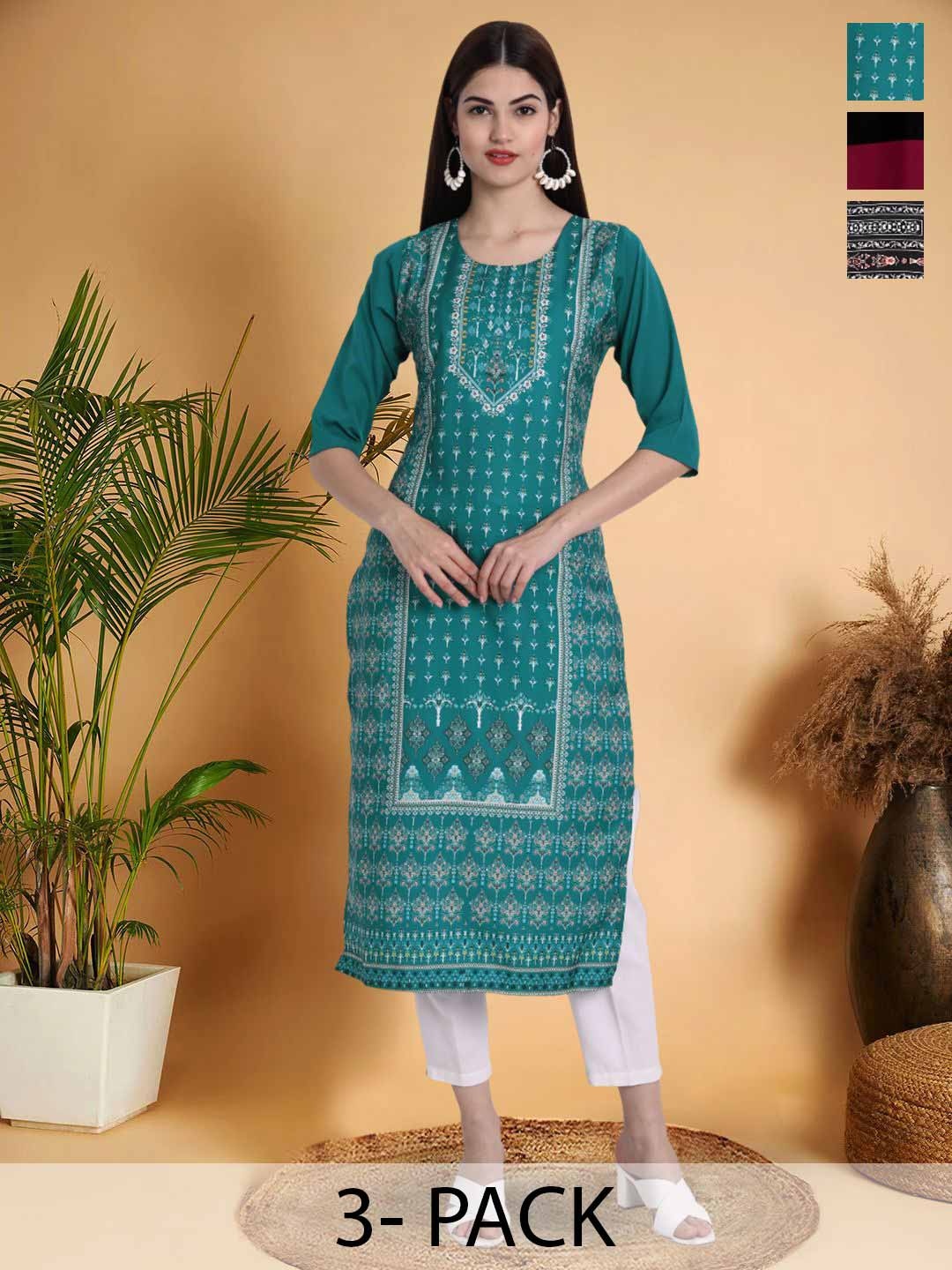 

7Threads Selection Of 3 Floral Printed Round Neck Straight Kurtas, Teal