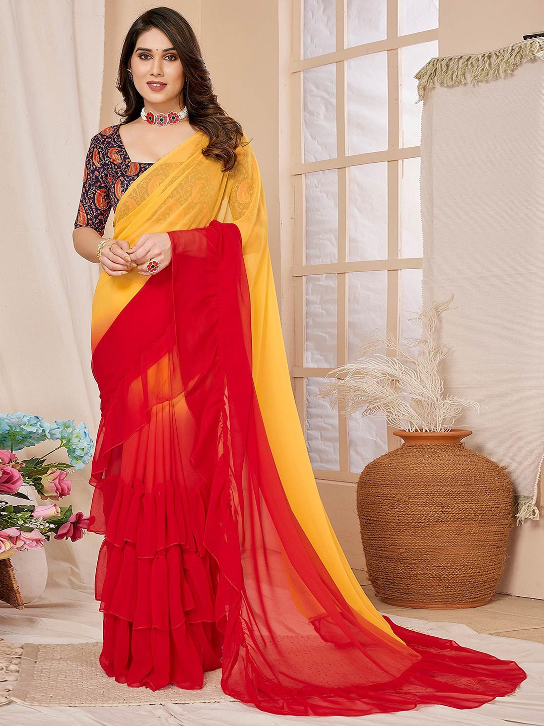 

Peachmode Ombre Ruffles Pure Georgette Saree, Red