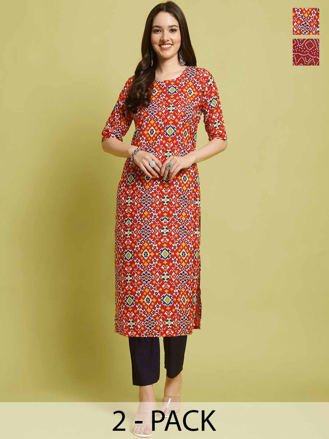 

7Threads Selection Of 2 Ethnic Motifs Printed Straight Kurta With Trousers, Red