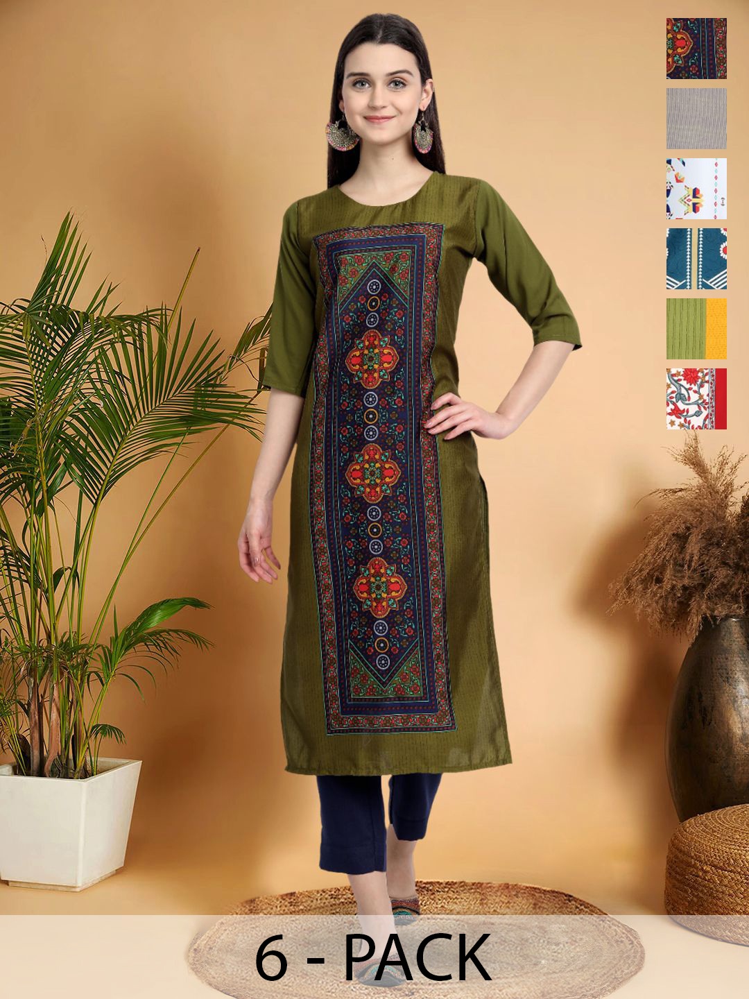 

7Threads Selection Of 6 Ethnic Motifs Printed Round Neck Straight Kurtas, Green