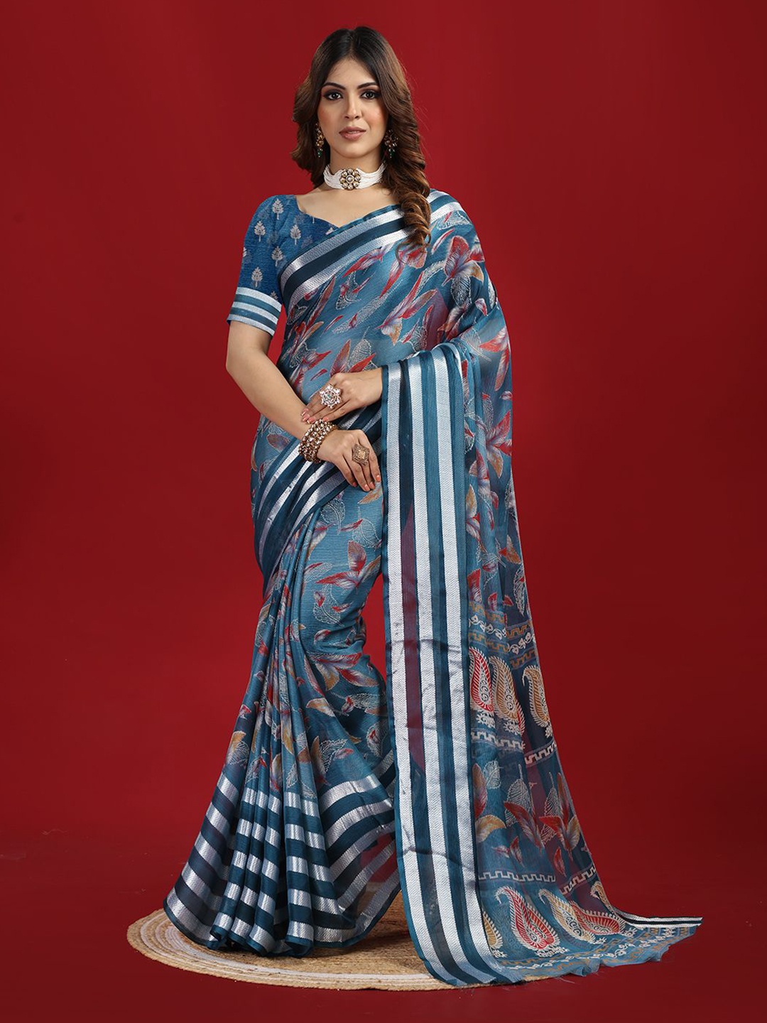 

A.V.M. SILK MILLS Floral Saree, Turquoise blue