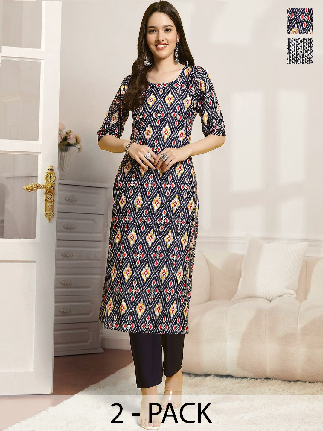 

7Threads Selection Of 2 Ethnic Motifs Printed Straight Kurtas With Trousers, Navy blue
