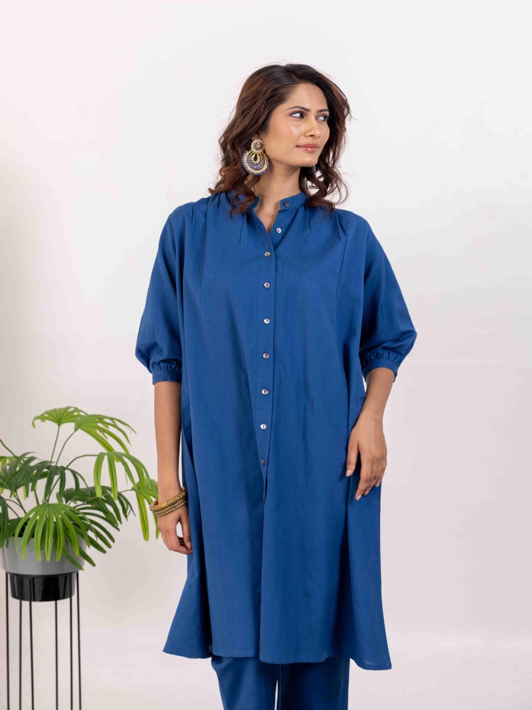 

INAAYA JAIPUR Mandarin Collar Pure Cotton Tunic & Palazzo, Blue