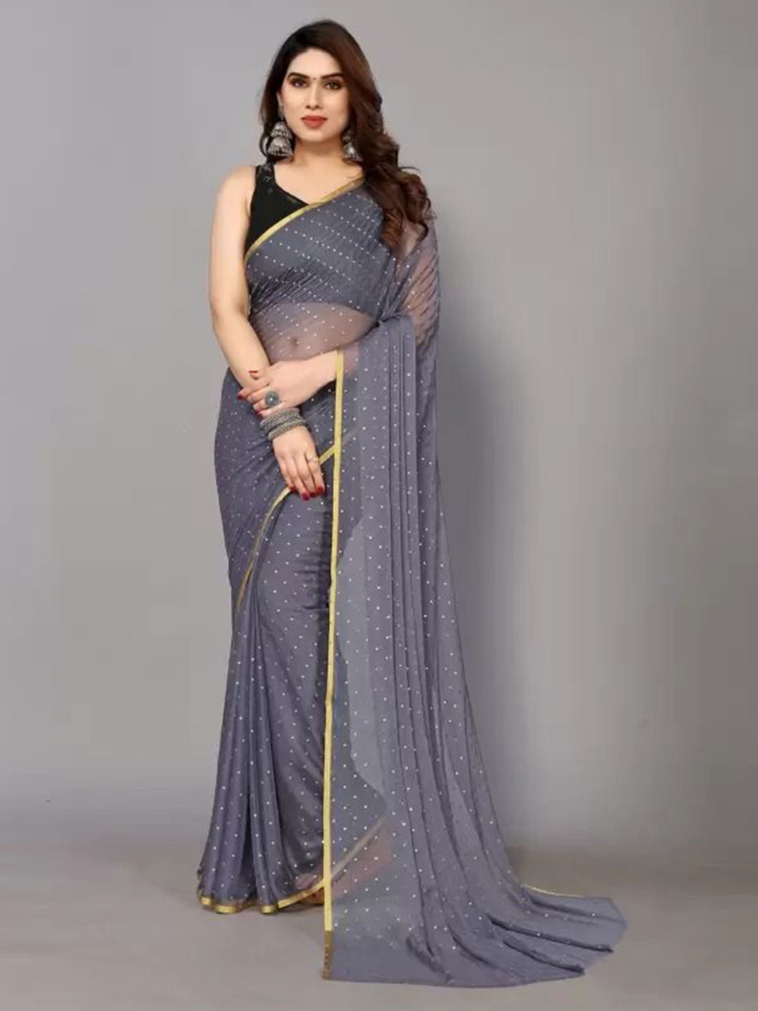 

SAADHVI Embellished Beads and Stones Pure Georgette Saree, Grey