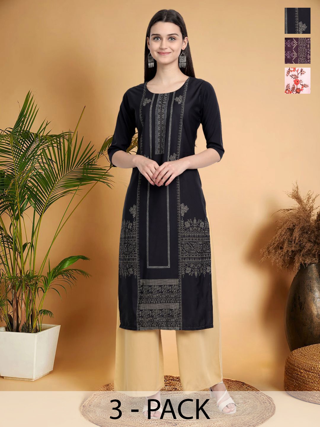 

7Threads Selection Of 3 Ethnic Motifs Printed Round Neck Straight Kurtas, Black