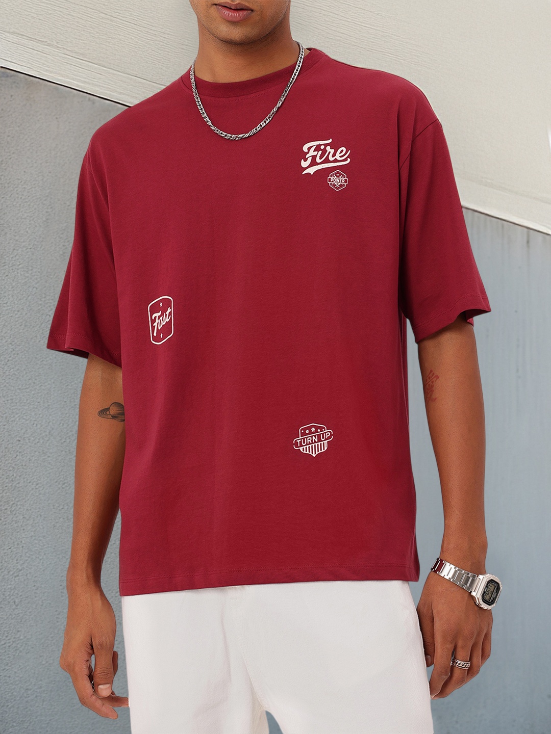 

Kook N Keech Minimal Touch Printed Oversized Fit T-shirt, Maroon