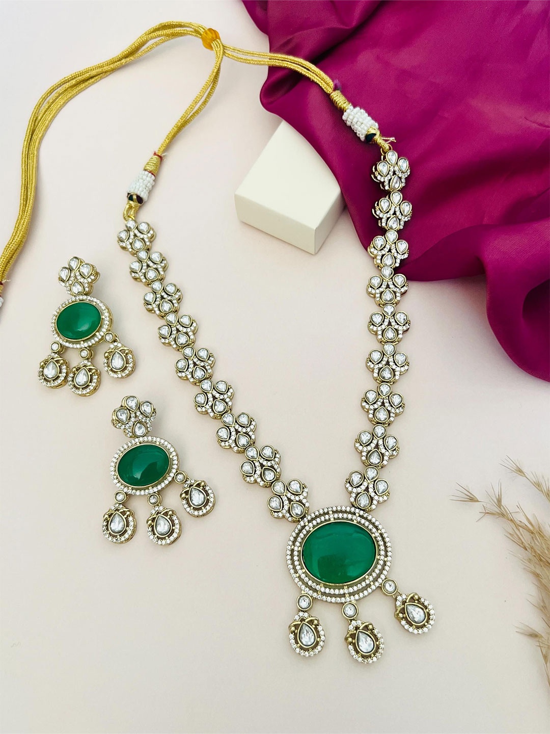 

ABDESIGNS Gold-Plated Stone-Studded & Beaded Jewellery Set