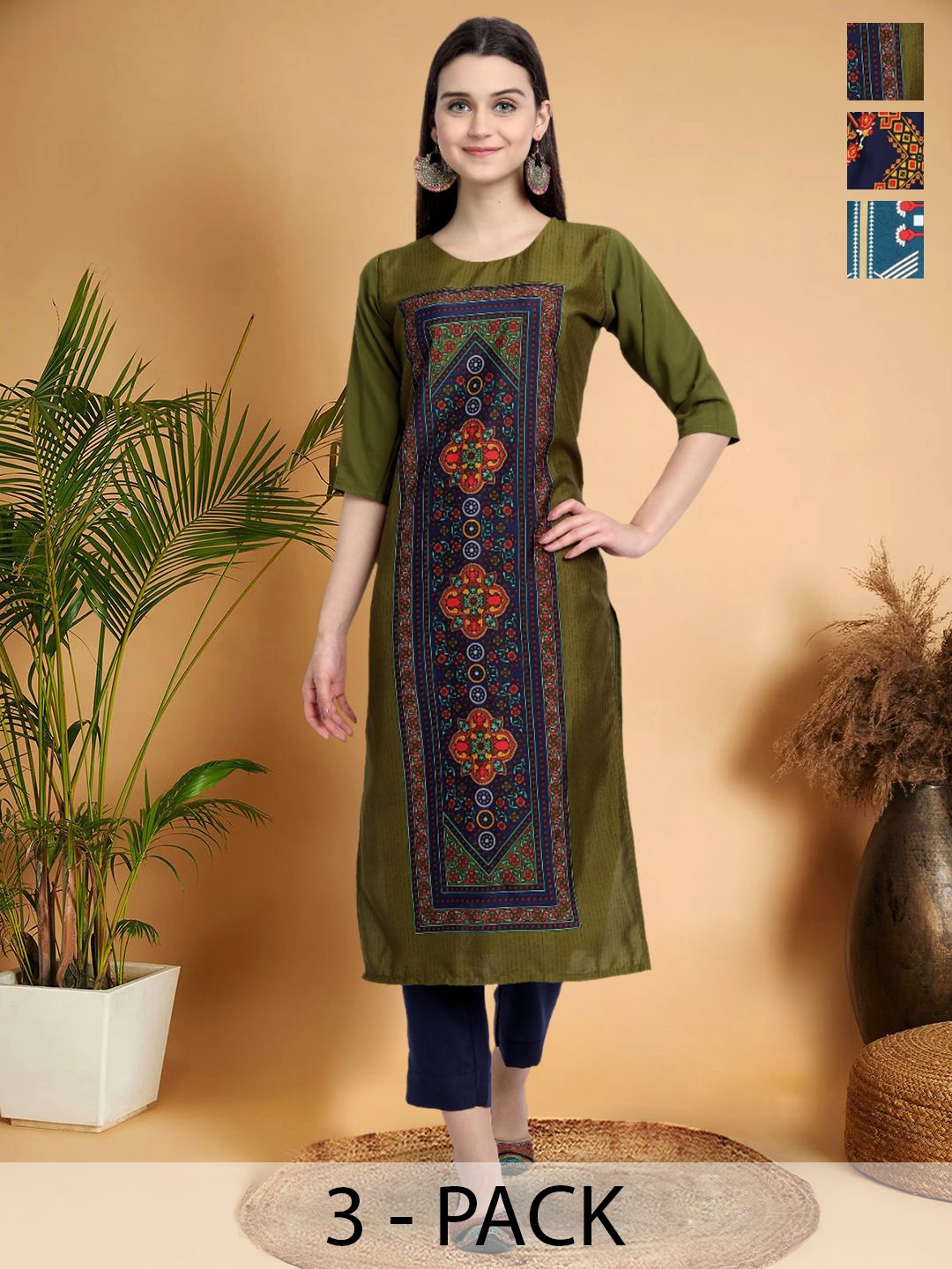 

7Threads Selection Of 3 Ethnic Motifs Printed Round Neck Straight Kurtas, Green