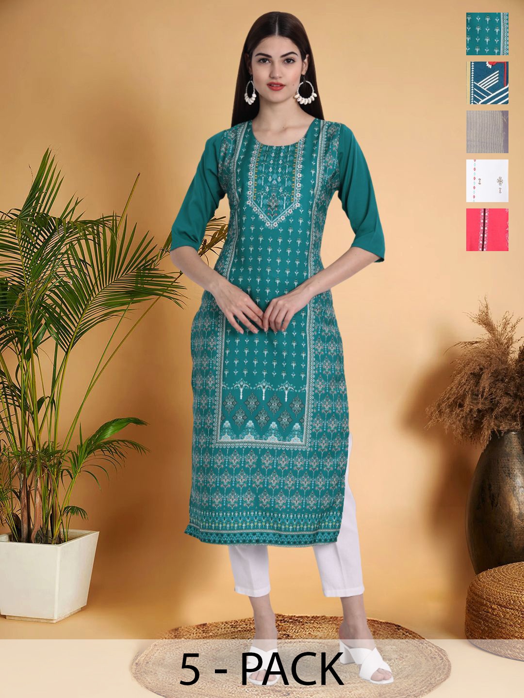 

7Threads Selection Of 5 Ethnic Motifs Printed Round Neck Straight Kurtas, Green