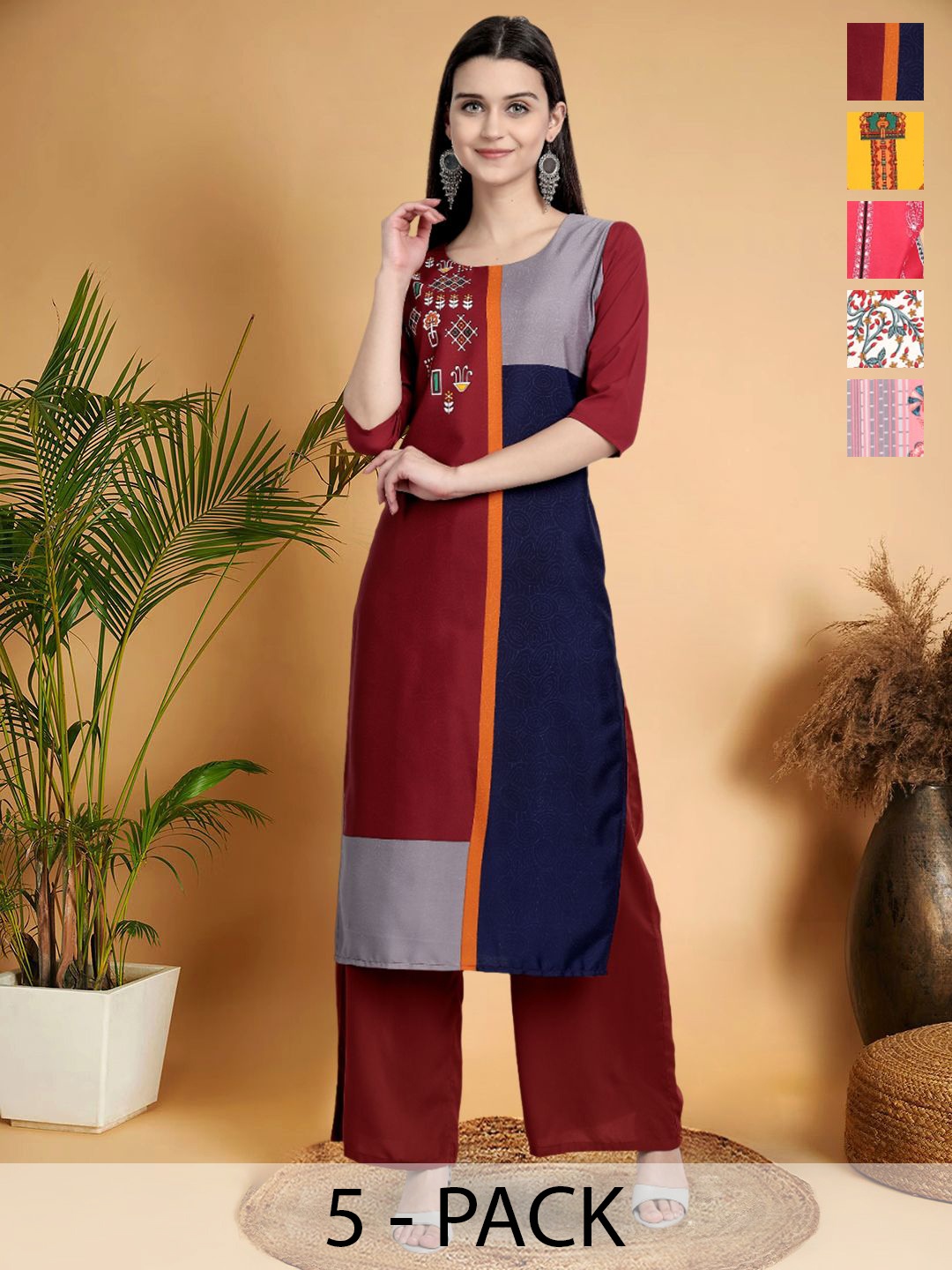 

7Threads Selection Of 5 Colorblocked Printed Round Neck Straight Kurtas, Red