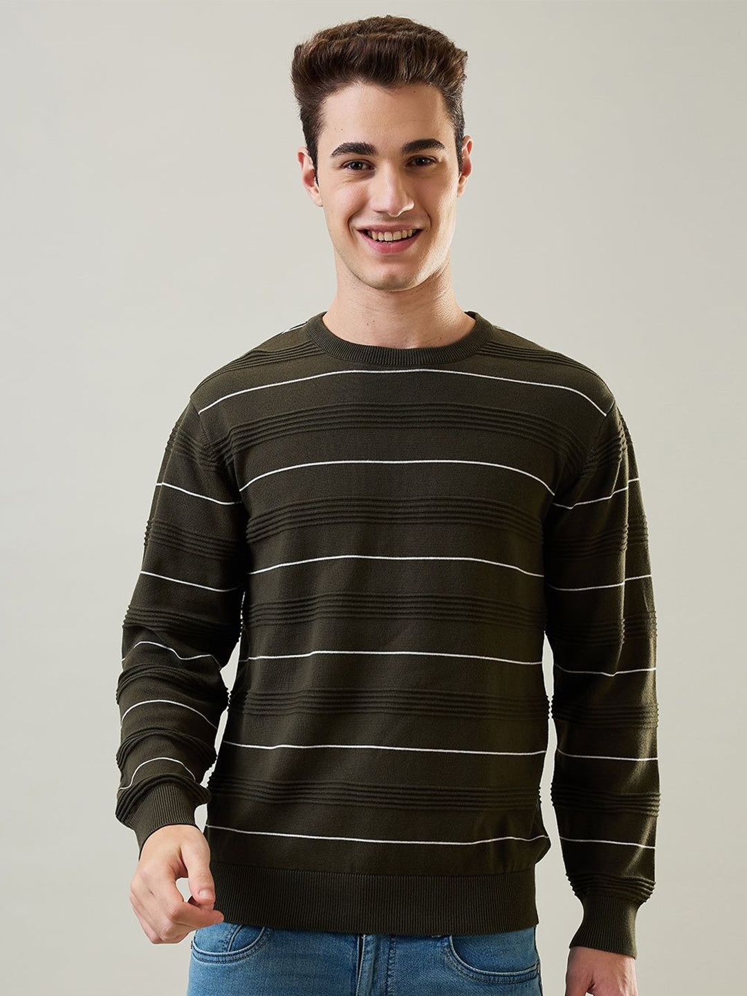 

TIM PARIS Men Striped Pullover Sweaters, Olive