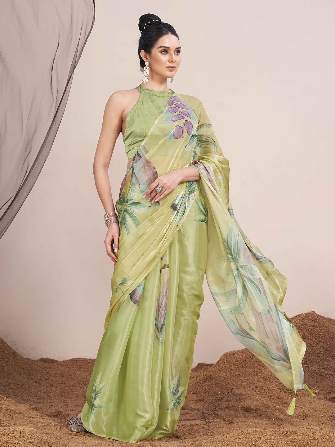 

Tikhi Imli Floral Print Tissue Saree, Green
