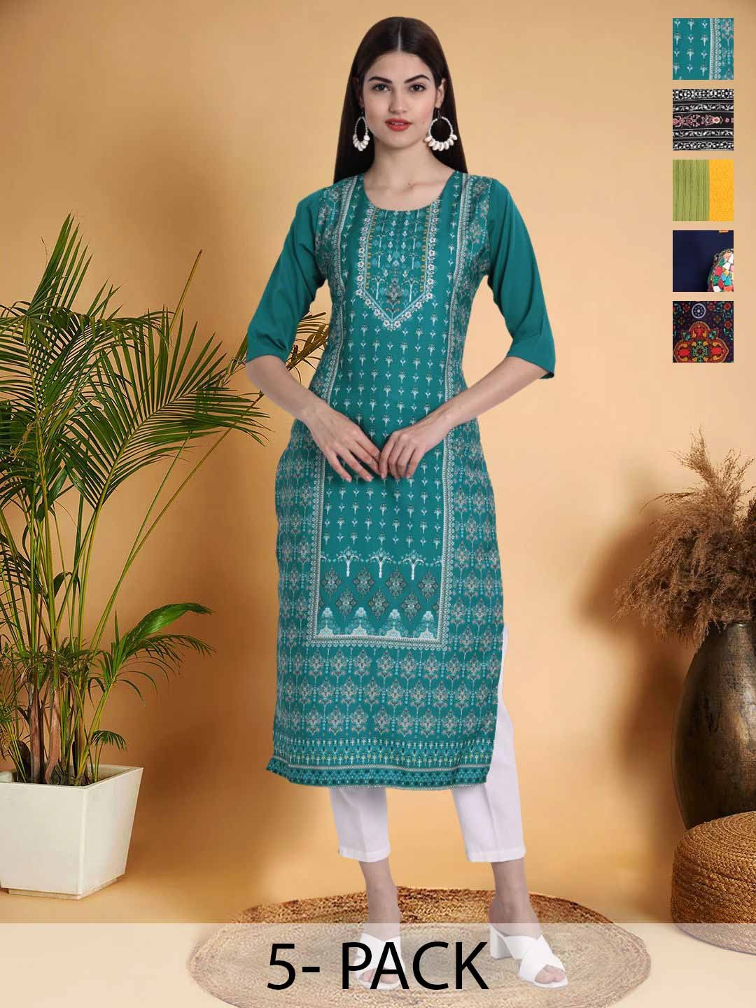 

7Threads Selection Of 5 Ethnic Motifs Printed Round Neck Straight Kurtas, Green