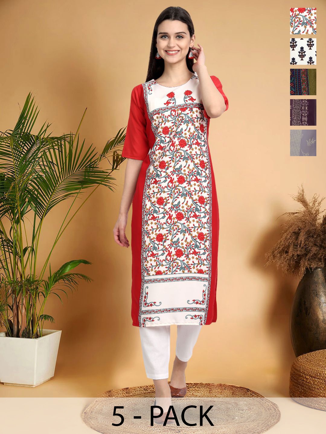 

7Threads Selection Of 5 Floral Printed Round Neck Straight Kurtas, Red