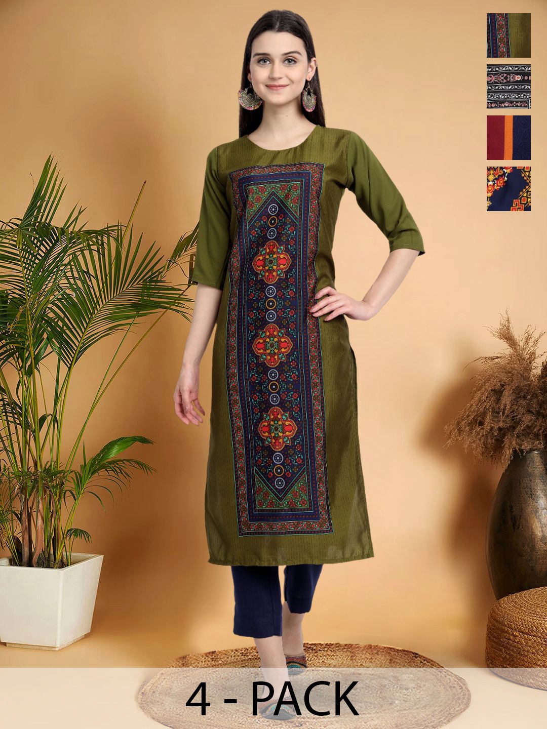 

7Threads Selection Of 4 Ethnic Motifs Printed Round Neck Straight Kurtas, Green