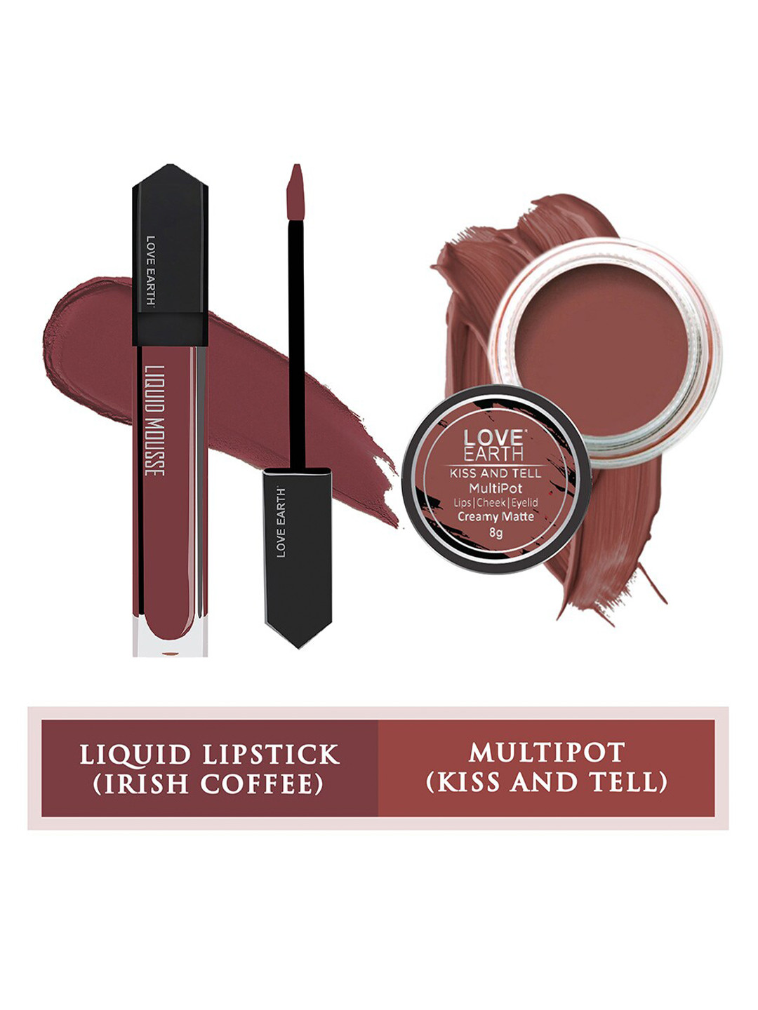 

LOVE EARTH Set of Liquid Mousse Matte Lipstick 6 ml + Kiss And Tell Multipot 8 g, Burgundy